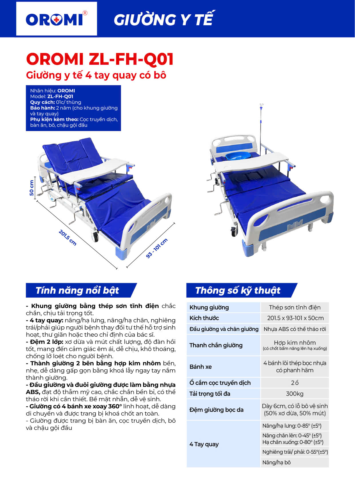 Giường y tế 4 tay quay có bô OROMI ZL-FH-Q01